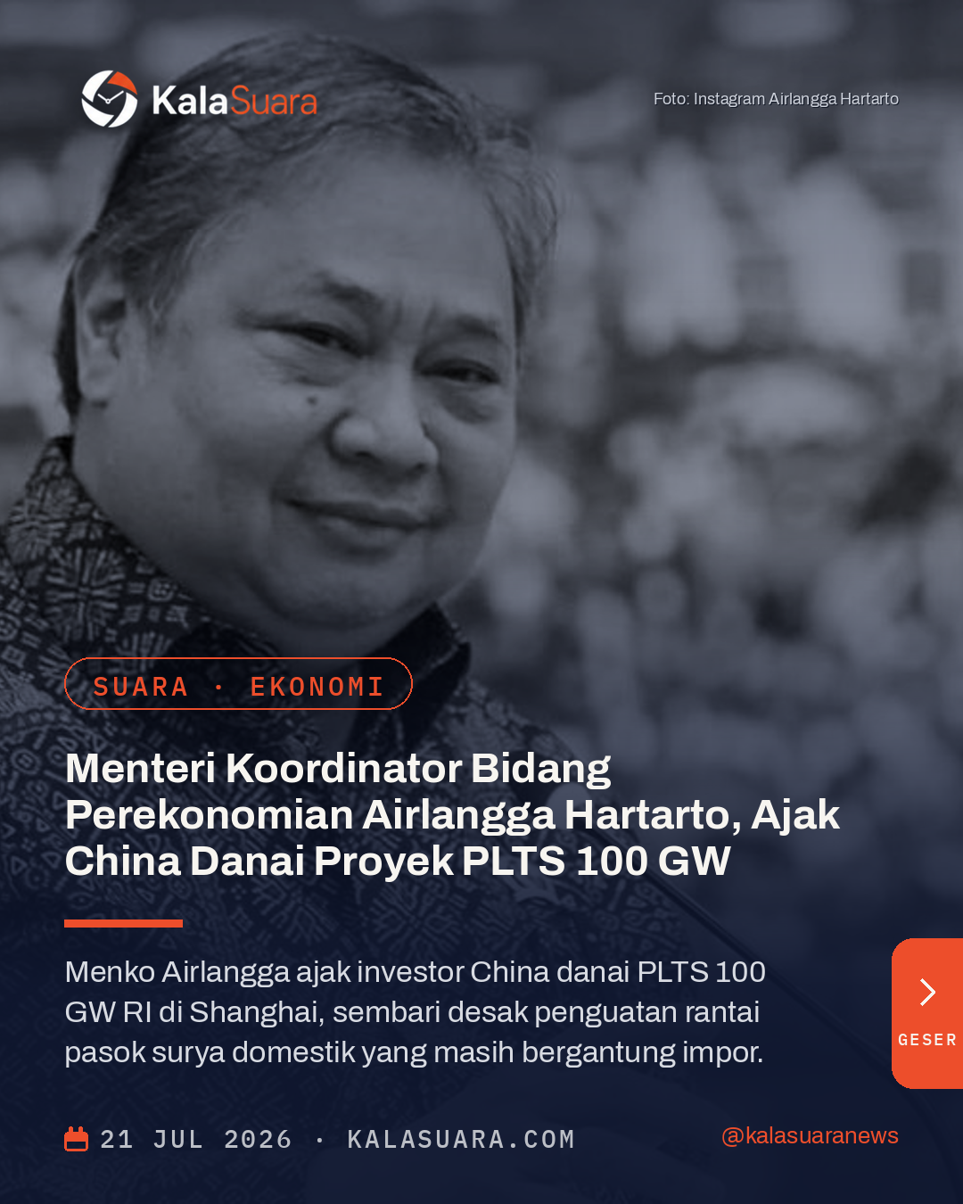 Menteri Koordinator Bidang Perekonomian Airlangga Hartarto, Ajak China Danai Proyek PLTS 100 GW